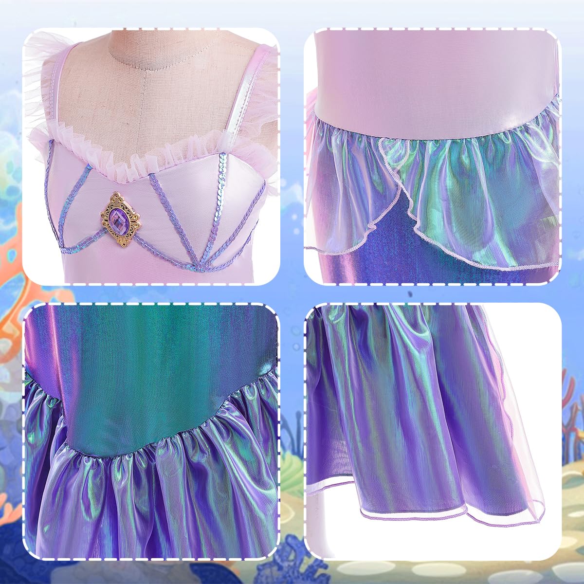 Itvti Little Girls Mermaid Costume Princess Dress Up Ariel Outfits With Accessories Wig Birthday Party Halloween Cosplay, Pink, 3-4 Years(Tag 110)