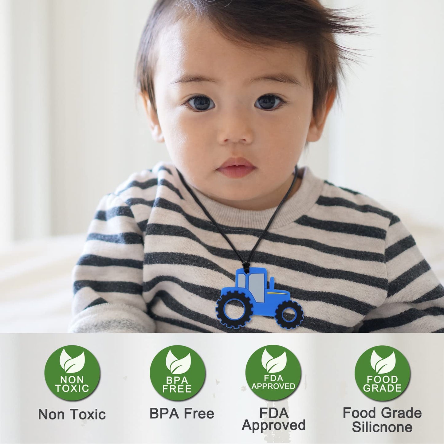 KongNai Chew Necklace for Sensory Kids, 5Pcs Chewy Silicone Pendants, Reducing Fidget Anxiety, Colors: Black, Blue, Green