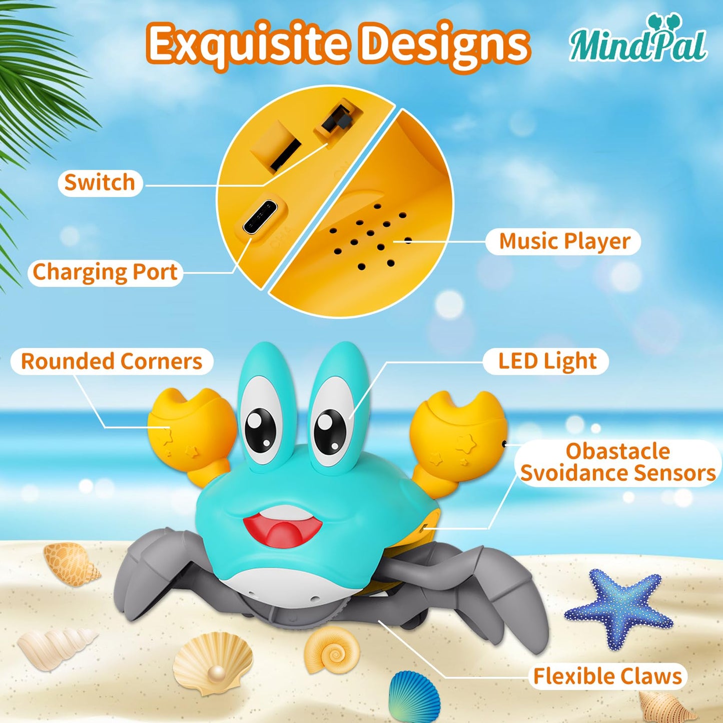 Mindpal Crawling Crab Baby Toy, Tummy Time Toys Sensory Toys, Boys & Girls Toys With Music Led Light, Dancing Walking Crab Monte