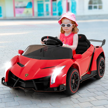 OLAKIDS 2 Seater Kids Ride On Car 12V 4WD Licensed Lamborghini Veneno Electric Vehicle with Remote Control Toddlers Battery Powered Toy Gift with 2 Speeds Rocking Mode Music USB MP3 (Red)