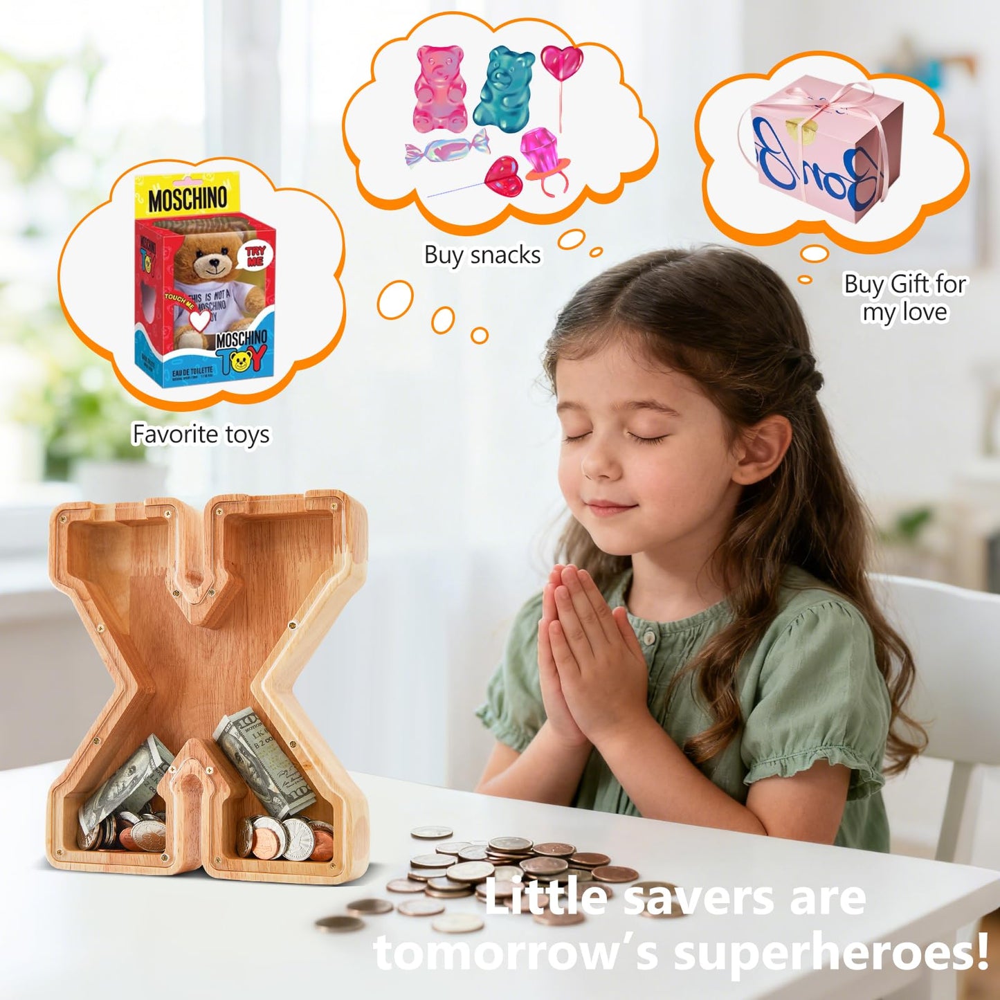 Wooden Letter Piggy Bank for Kids Initial Coin Bank for Boys and Girls First Name Personalized Savings Bank for Birthday Boys Girls Gift Piggy Bank for Kids (Wood S9-X)