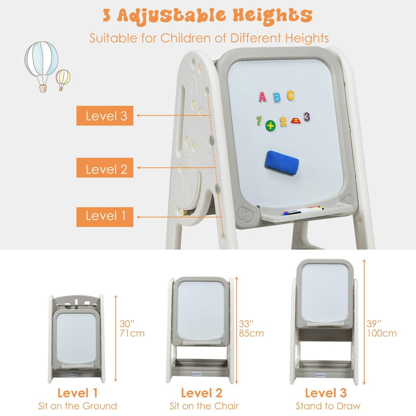 Costzon Kids Art Easel With Stool, 3 In 1 Double-Sided Children Magnetic Dry Erase Board & Book Rack With Foldable Desktop, Adjustable Toddler Table And Chair Set With Magnets (Gray)