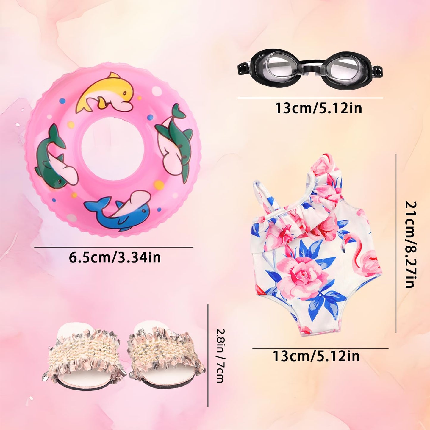Msyo Doll Swimsuit Set For 18-Inch Doll, 7 Pcs Doll Swimming Accessories, 18-Inch Doll Bathing Suit Set, Fashion Doll Water Play