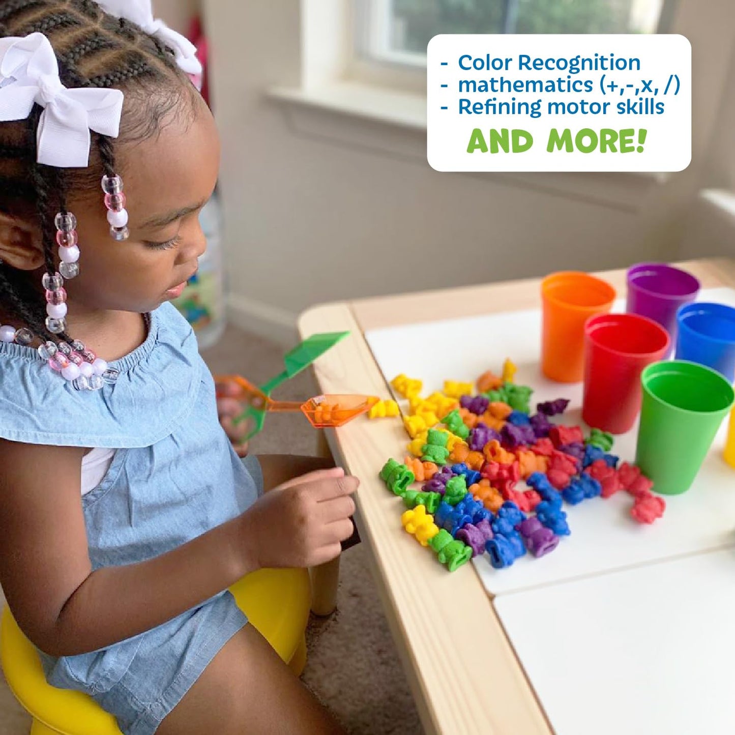 Skoolzy Rainbow Stacking Bears With Matching Sorting Cups 69 Piece Set, 60 Bear Counters, Scissor Tongs, Rainbow Cups, Storage Bag, Sorting Dice Game