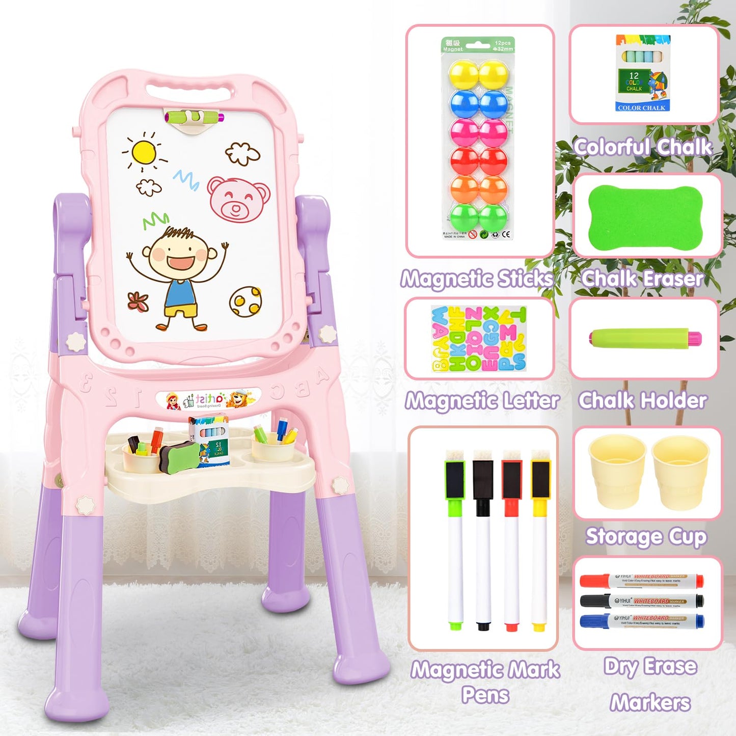 Amagoing Easel For Kids, Adjustable Standing Art Easel For Toddler, Double Magnetic Drawing Board With Painting Supplies For Lit
