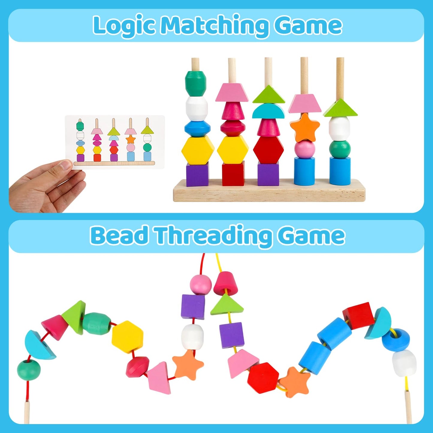 Montessori Toys For 2 3 4 Year Old Kid Boy Girl Toddler, Montessori Wooden Beads Sequencing Toy Set, Lacing Beads & Stacking Blo