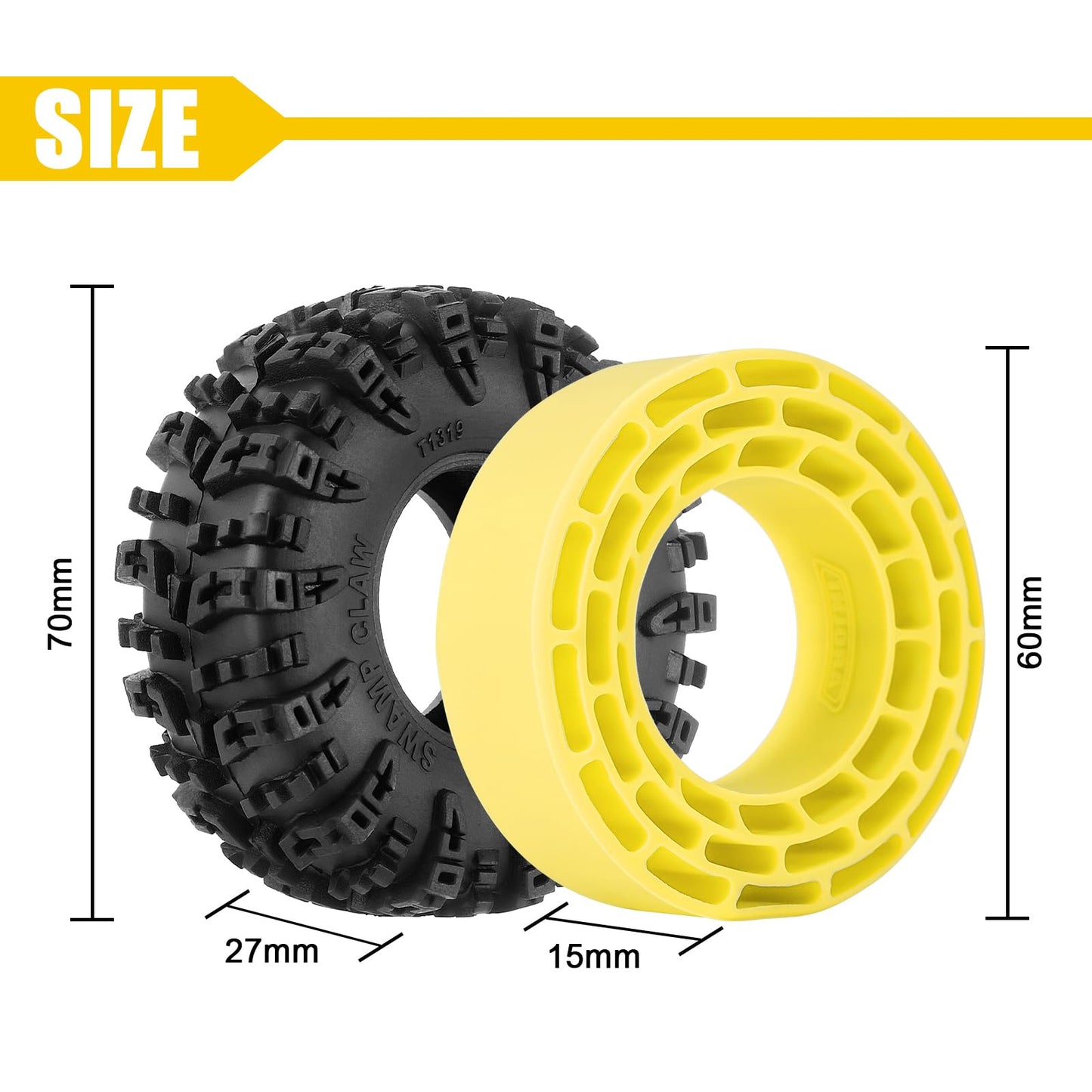 INJORA 1.3 Silicone Rubber Inserts and Swamp Claw Tires for TRX4M SCX24 1/18 1/24 RC Crawler Car Upgrade(Yellow)