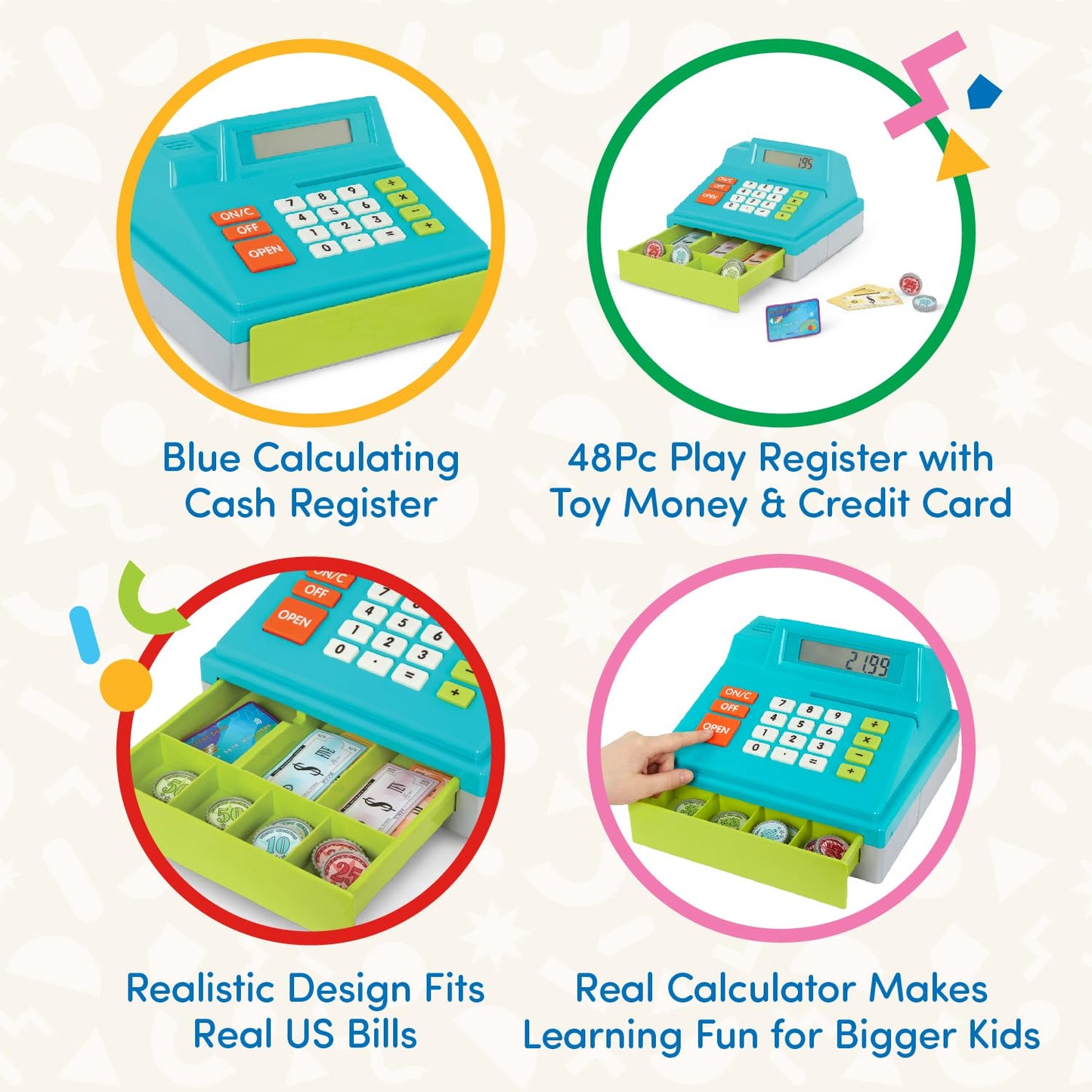 Battat - Toy Cash Register For Kids, Toddlers - 48Pc Play Register With Toy Money, Credit Card - Blue Calculating Cash Register