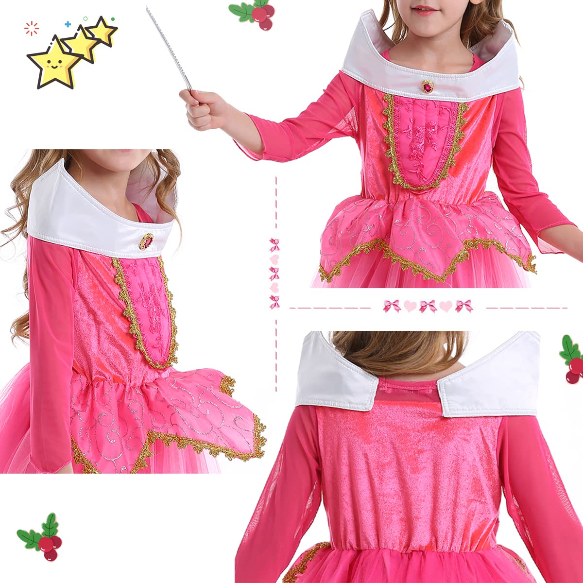 Itvti Girls Princess Dress Up Halloween Party Costume With Crown Wand Earrings Ring, Pink, 6-7 Years (Label 140)