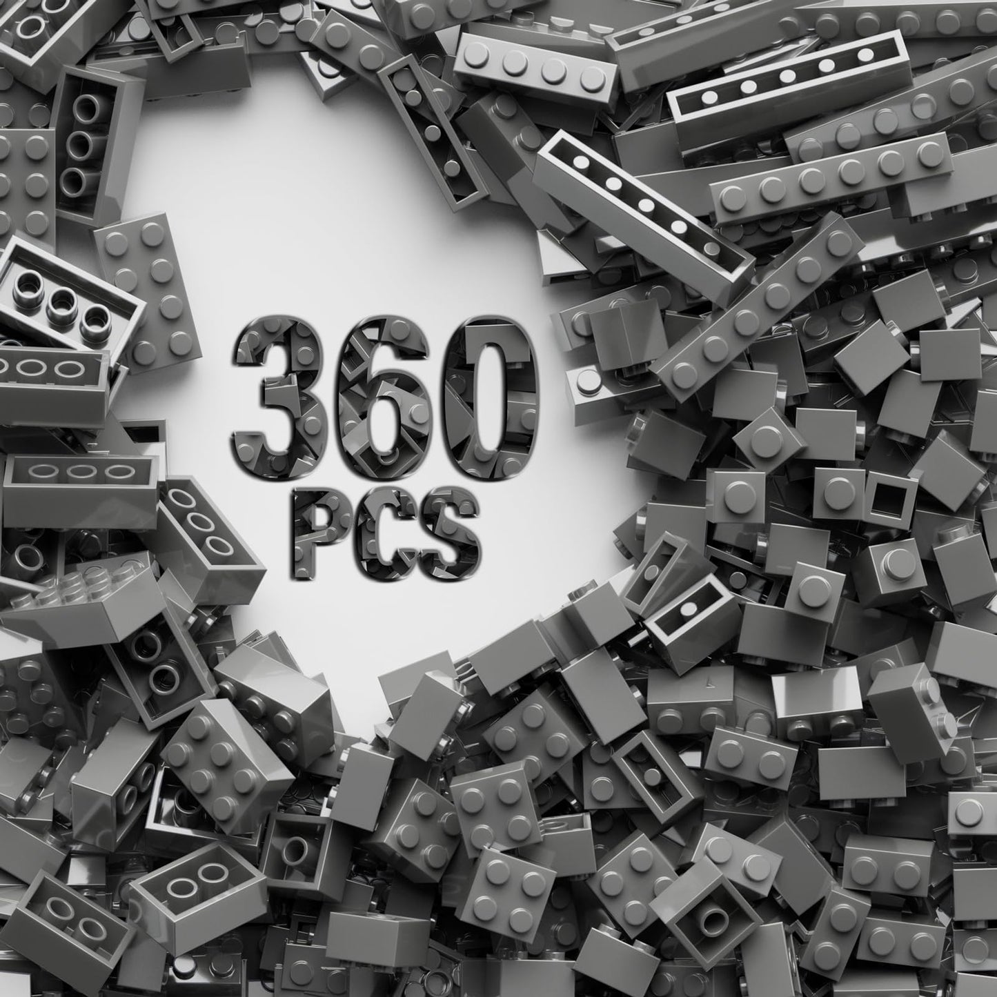 360 Piece Dark Gray Classic Building Blocks Bulk, 7 Sizes Building Bricks Assortment Pack, Compatible with Lego Parts and Pieces