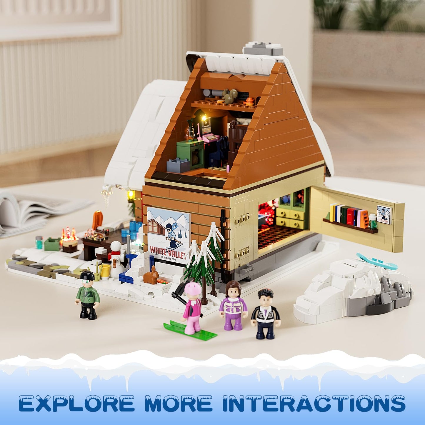 FUNWHOLE Christmas Ski-Cabin Lighting Set - 2187 Pcs Retro Snow House Model, LED Light, Multicolor, F9041 for Adults & Teens