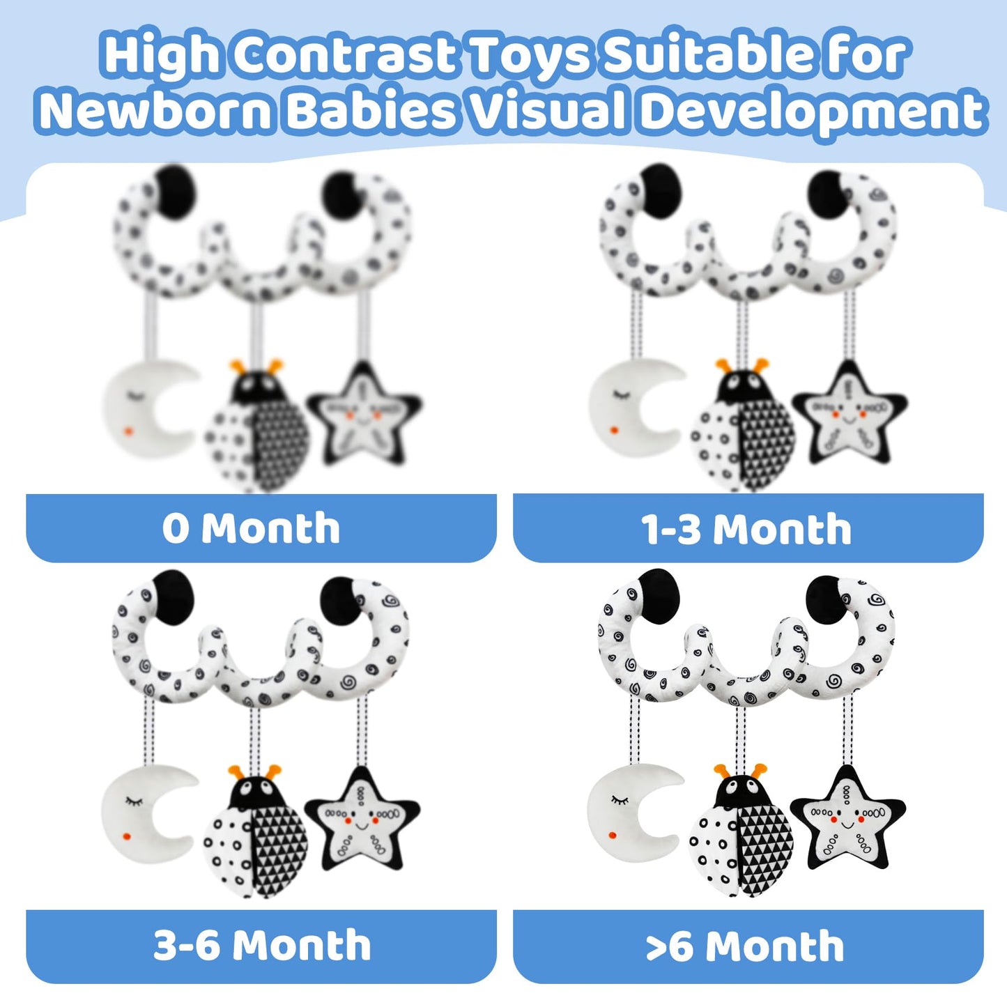 Fnqutoy Car Seat Toys Stroller Spiral Hanging Stroller Black And White High Contrast Baby Toys For Newborn,Infant Plush Activity