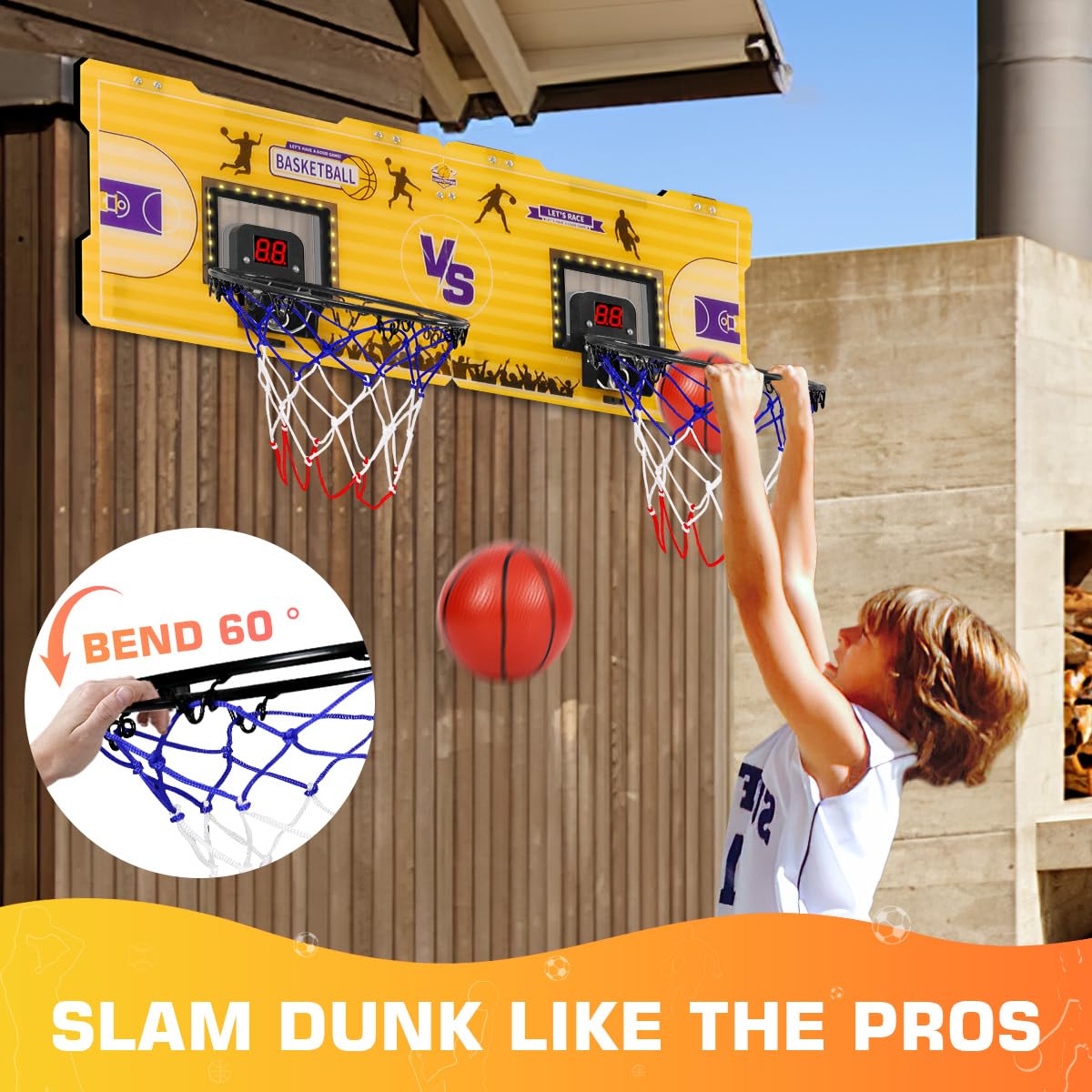 Fbsport Basketball Hoop Indoor, 2 Player Door Basketball Hoop Indoor Mini Basketball Hoop With 4 Balls And Led Light, Over The D