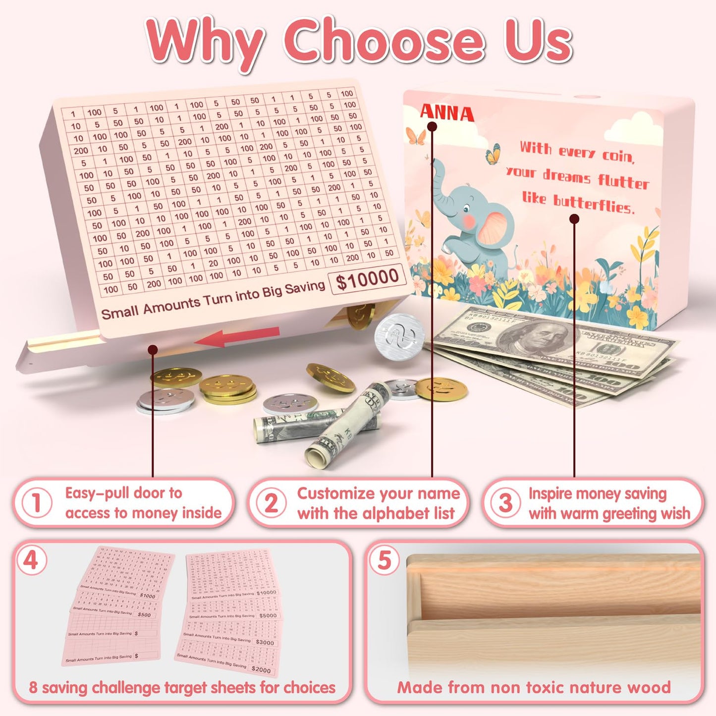 Personalized 10000 Savings Challenge Box With 8 Targets($500-5000), Reusable Wooden Money Saving Box 10000 With Easy-Pull Door,W