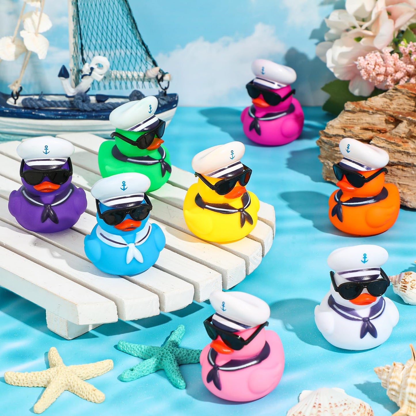 Shappy 24 Pcs Cruise Duck Bulk With Sunglasses Sets 2 X 1.9 X 2.4 Inch Mini Sailing Rubber Ducks Summer Cruise Ship Toy Squeaky Bath Party Toy Duckies For Birthday Party Favors (Multicolor)