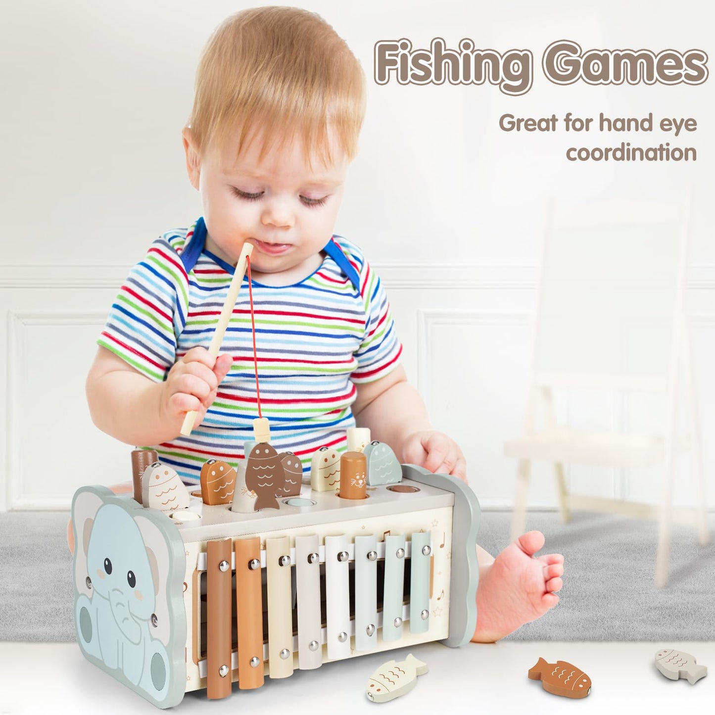 Dinorun Montessori Toys For 1 Year Old Boy Gifts: Wooden Hammering Pounding Toy With Xylophone/Fishing Game For Toddler Girls Age 1-2, 1St One First Christmas Birthday Gift For Baby 6-12-18 Months