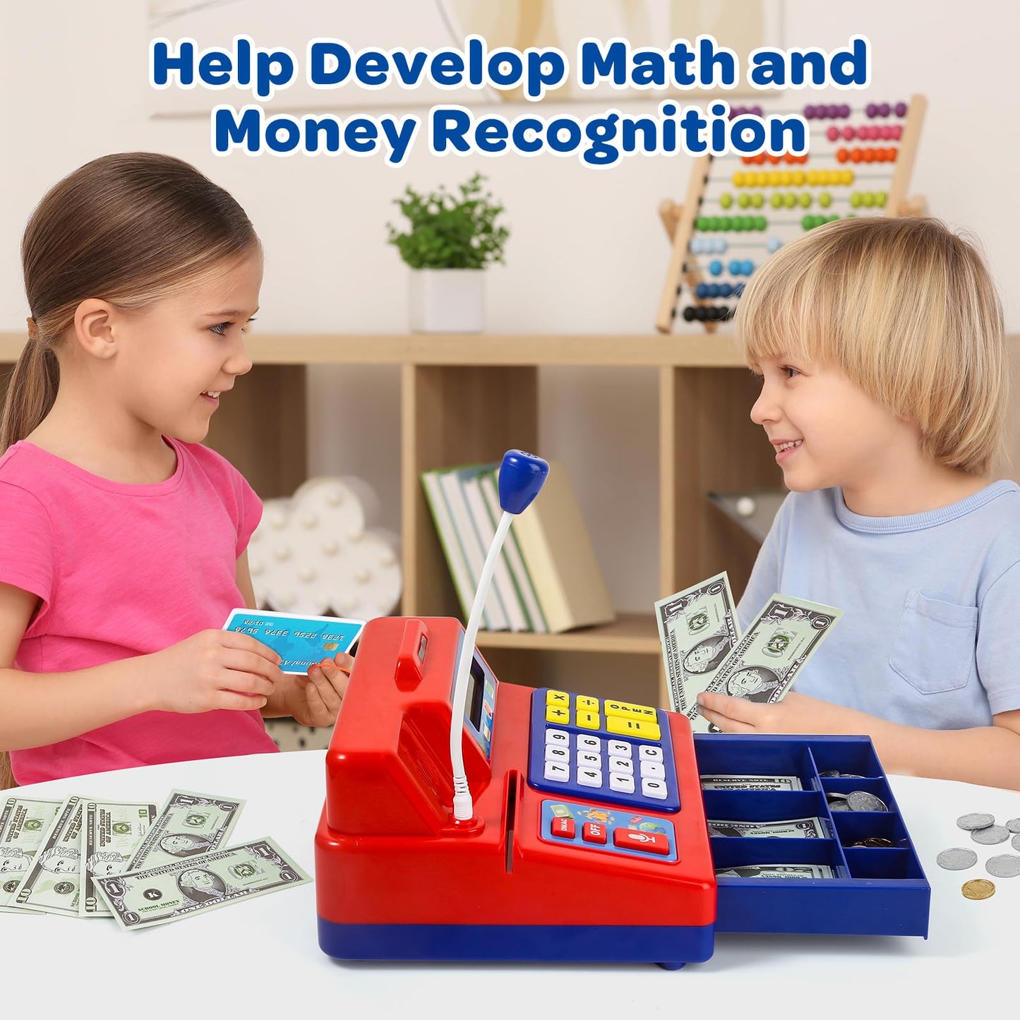 Pretend Play Calculator Cash Register - 73 Pcs Toy Cash Register, Microphone, Credit Card and Banking for Kids, Early Math Skill