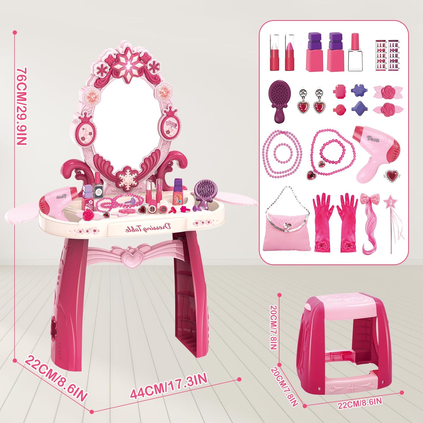 Deao Toddler Vanity Makeup Table Toy With Mirror & Chair,Kids Vanity With Light&Music,Pretend Play Makeup Toy With Hair Dryer To