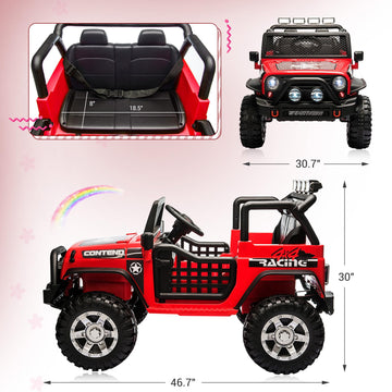 Sehomy 2-Seater Ride On Car, 12V Kids Electric Car Truck W/Remote, Spring Suspension, Wide Seat, Music, 3 Speeds, Led Lights, 4