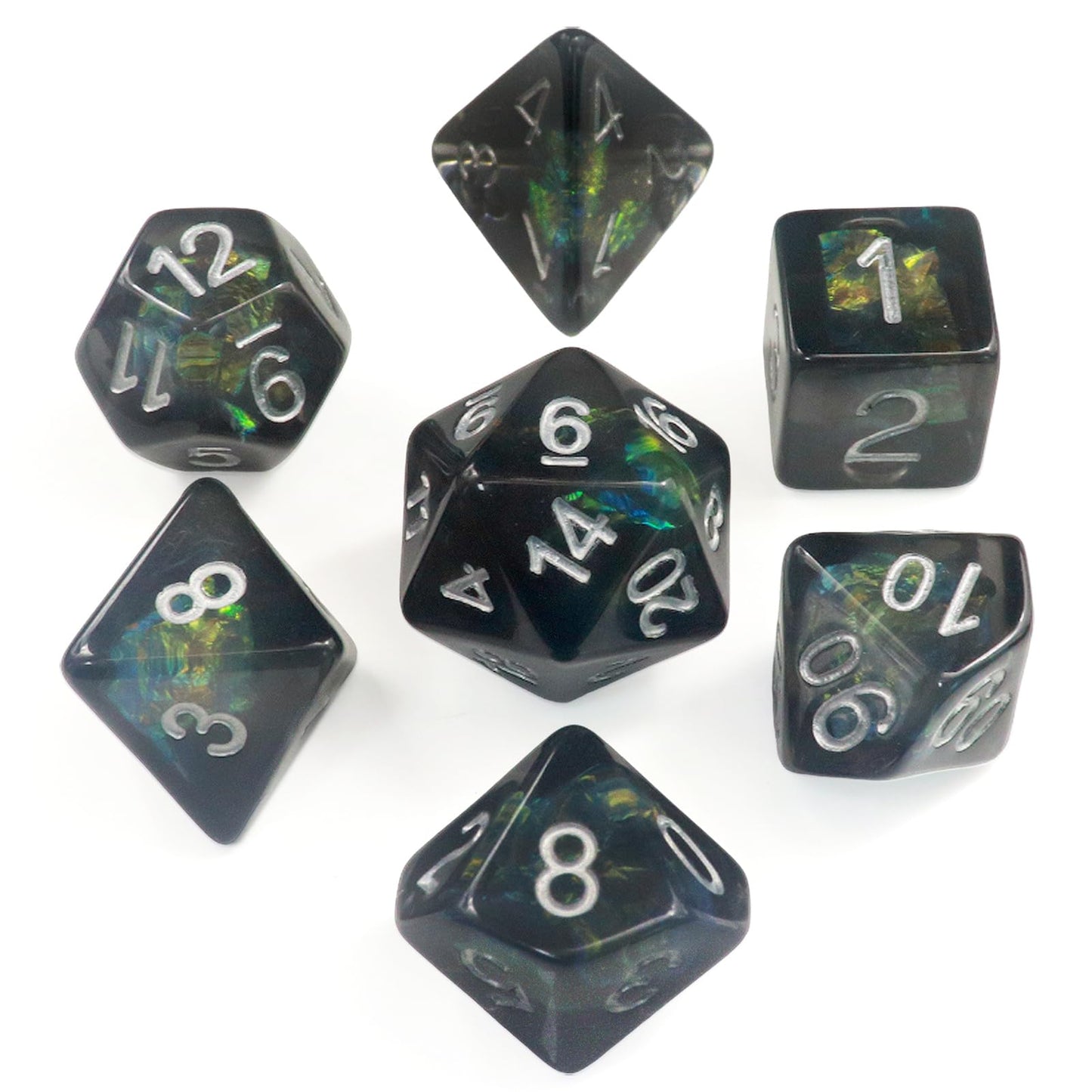 PJOY Black Resin Dice Set DND Dice with Iridescent Mylar Inclusion Polyhedral Dice D&D Dungeons and Dragons Accessories Gifts