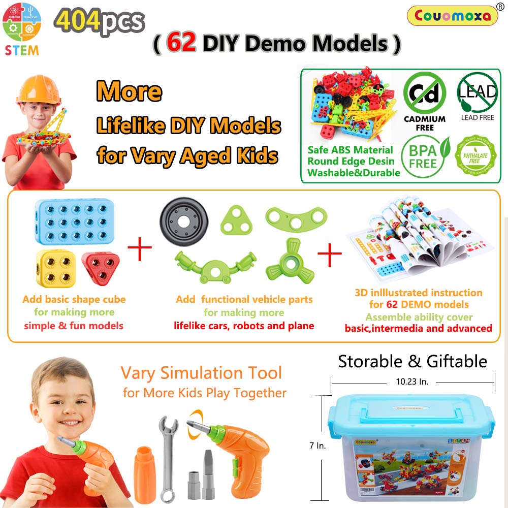 Couomoxa Building Toys, 404 Pieces Stem Toys Kit Creative Construction Engineering Learning Set For 5, 6, 7, 8+ Year Old Boys&Girls Best Toy Gift For Kids |Take-A-Part Building Blocks