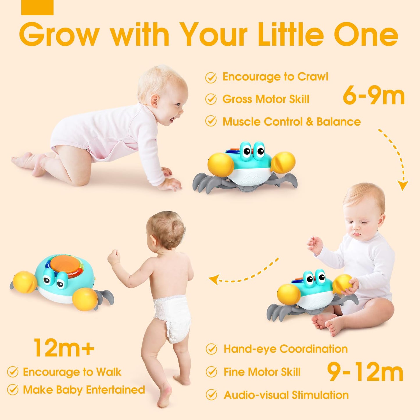 Musical Crawling Crab Baby Toy, Tummy Time Toy For 6-12 Month Boy Girl, Light-Up Walking Dancing Moving Crab Toy For 1 Year Old