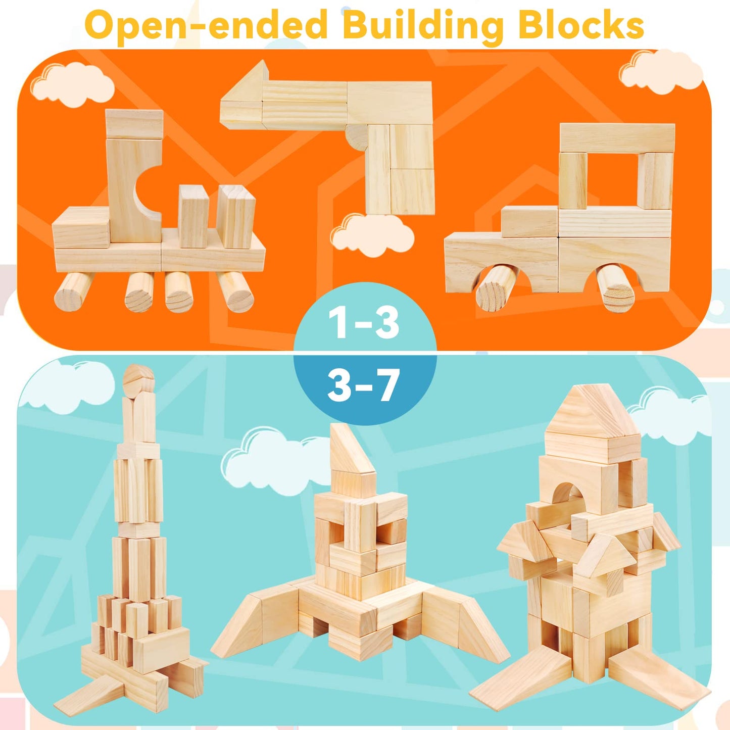 Onshine Large Wooden Blocks For Toddlers 1-3, 64 Pieces Big Wood Building Blocks Set With Wooden Storage Box, Large Toddler Blocks Building And Stacking Toys Construction Set
