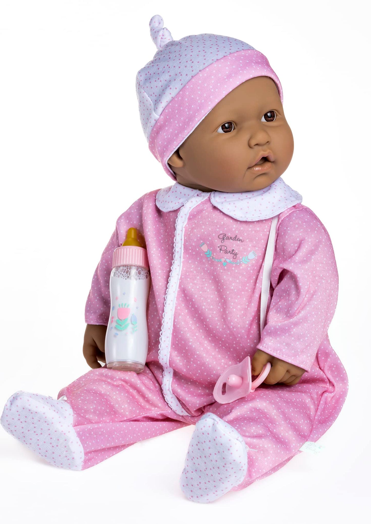 Jc Toys La Baby Hispanic 20-Inch Small Soft Body Baby Doll La Baby | Washable |Removable Pink And White W/Hat, Pacifier & Magic Bottle | For Children 12 Months +