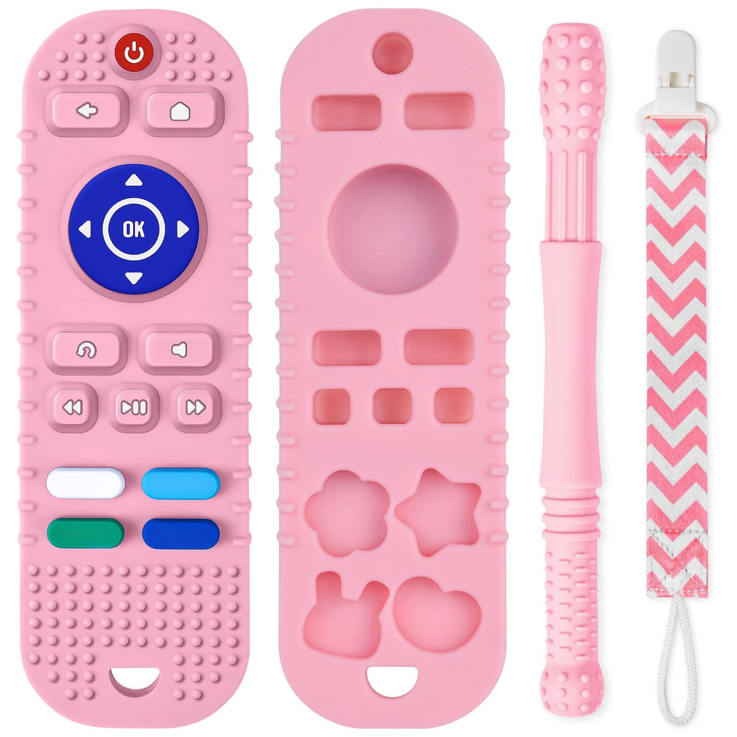 Baby Teether Toys Silicone, Remote Control Shape Teething Toys With Hollow Teether Tube And Pacifier Clip, Silicone Baby Teething Toys For Over 3 Months, Bpa Free Baby Teething Toys (Pink)