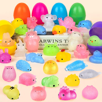 36 Pcs Prefilled Easter Eggs with Mochi Squishy Toys, Easter Eggs Filled with Glitter Soft Animals, Stress Reliever Squishy Toy