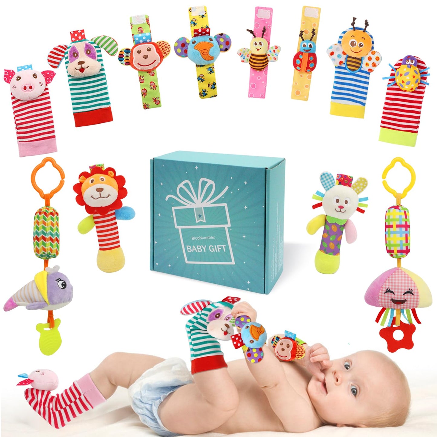Baby Hanging Toy, Wrist Rattles, Rattle Socks, Handheld Wearable Washable Adjustable Rattle Toy, Newborn Present Baby Shower Birthday Gift Set For 0 1 2 3 Years Old Babies (12Pcs-J)