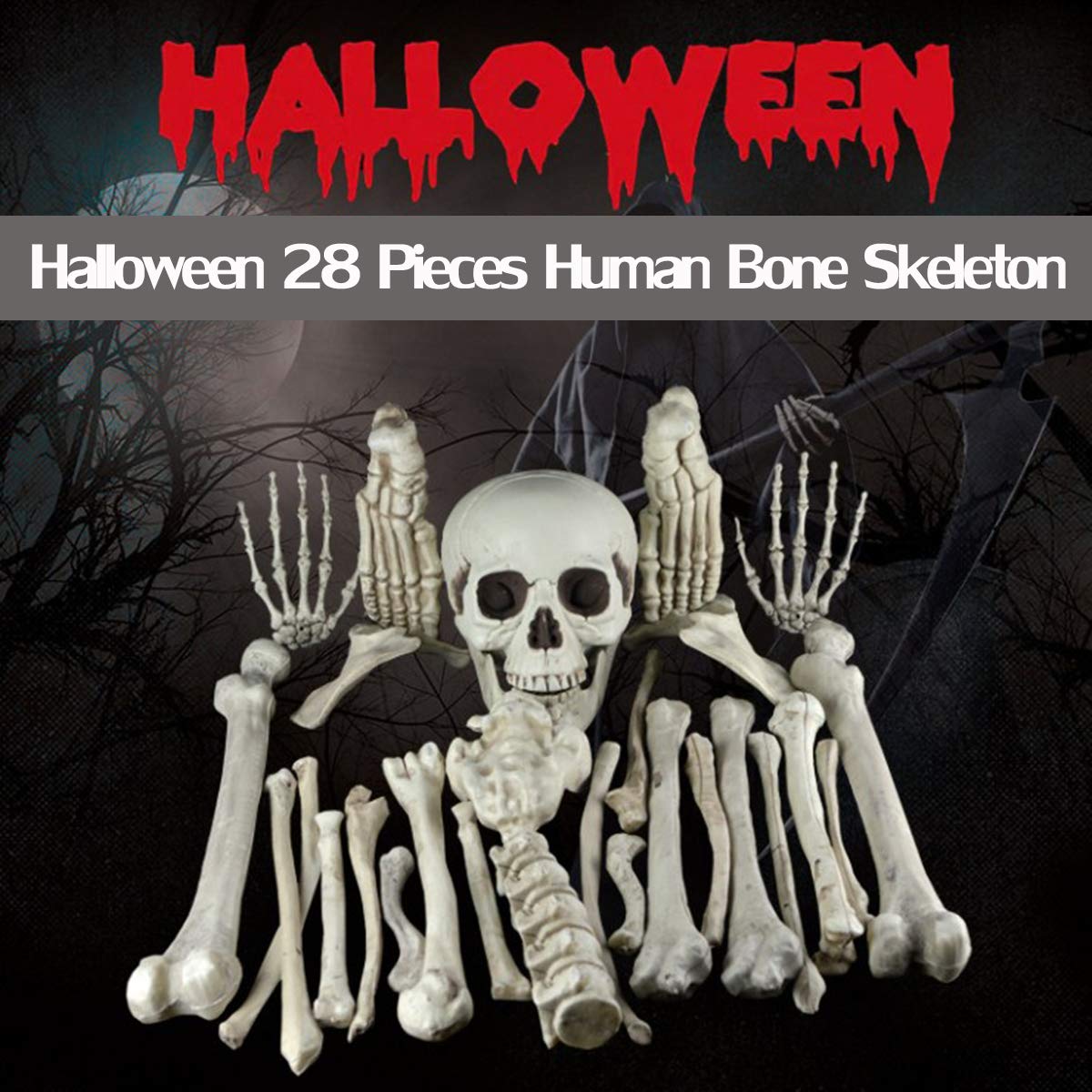 Xonor 28 Pieces Skeleton Bones And Skull For Halloween Decor Or Spooky Graveyard Ground Decoration (28Pcs)