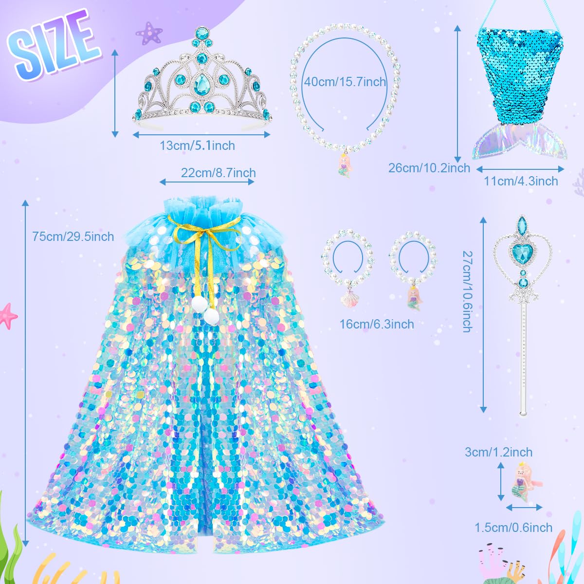 Meland Princess Dress Up For Girls - Mermaid Cape Dress Up Clothes With Bag Crown, Gift For Girls 3 4 5 6 7 8 Years Old