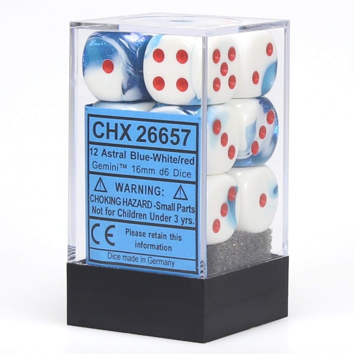 Chessex Dice d6 Sets: Gemini Astral Blue / White with Red - 16mm Six Sided Die (12) Block of Dice