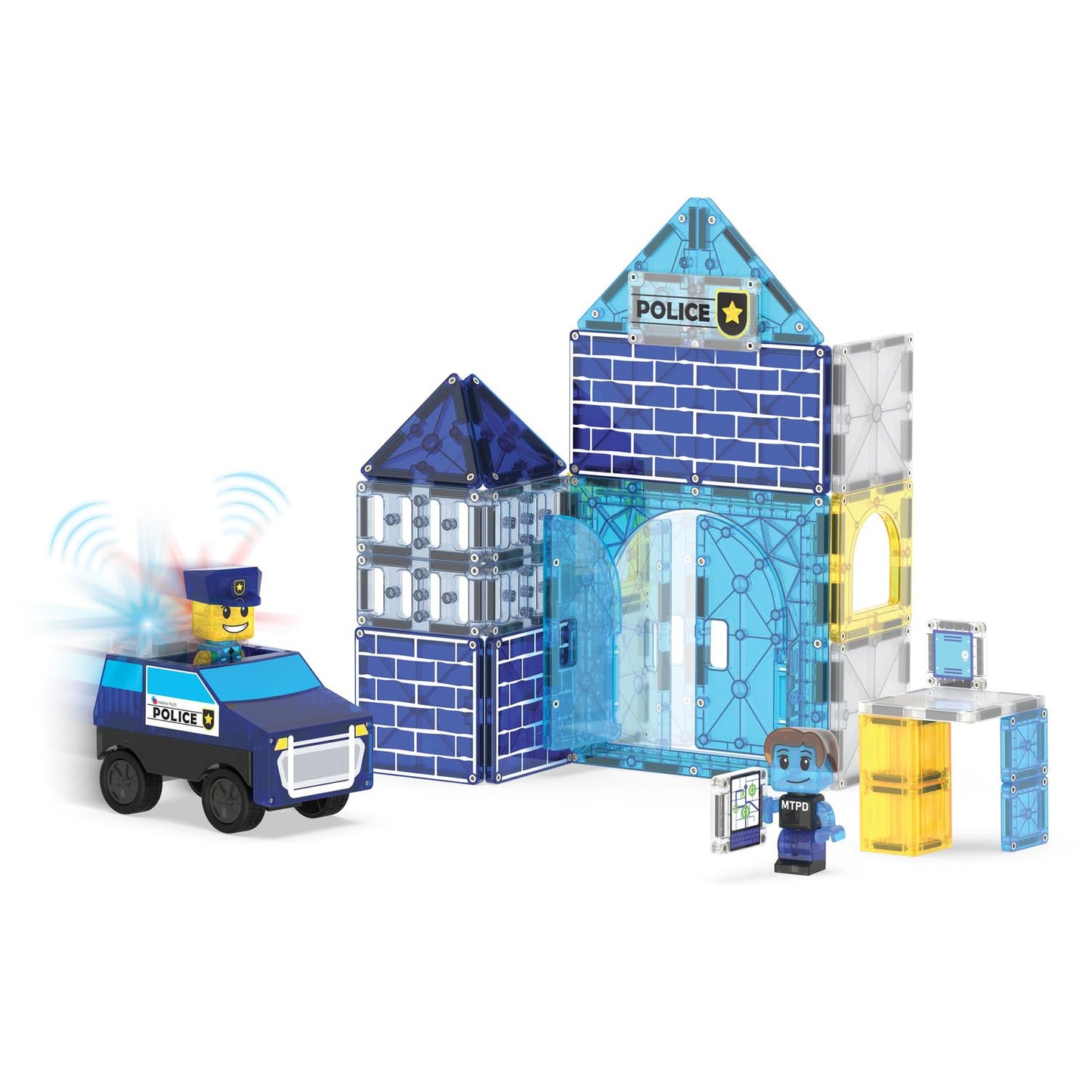 MAGNA-TILES Police Station 35-Piece Magnetic Building Set, 17"x3"x12", Multi-color, Durable ABS Plastic, Model 252035PS