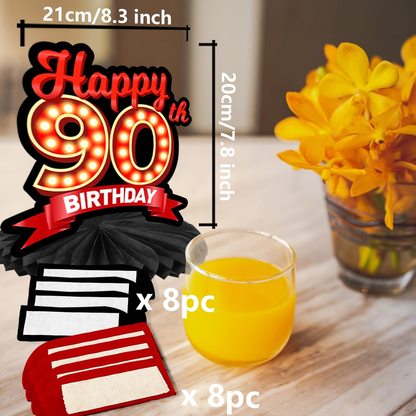 Happy 90Th Birthday Red And Black Table Honeycomb Centerpieces Balloons Theme Decor Table Decorations Table Toppers For Girls Women Princess 90 Years Old Birthday Party Bday Supplies Background Gold
