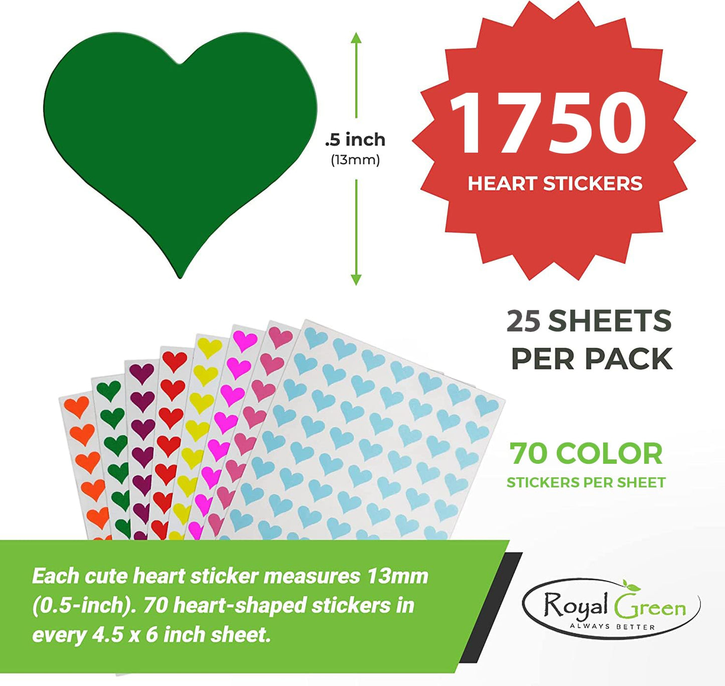 Royal Green 1/2 Inch Colorful Heart Sticker Labels Sheets Diy Scrapbooking Stickers For Gifts, Stationery, Arts & Crafts 13Mm, 1750-Pack (Metallic Pink)