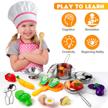Tigerhu 26PCS Play Kitchen Accessories, Kitchen Pretend Play Cooking Toys w/ Stainless Steel Cookware, Apron & Chef Hat,Pots and