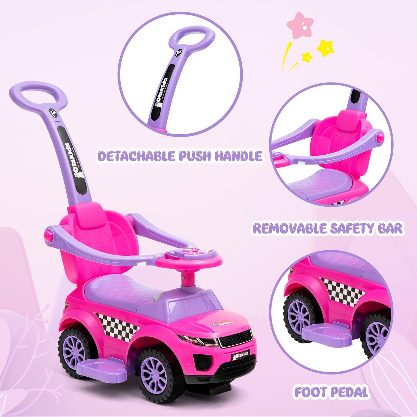 Olakids 4 In 1 Ride On Push Car, Toddlers Stroller Sliding Walking With Horn, Music, Lights, Removable Guardrails And Handle, Underneath Storage, Baby Foot-To-Floor Walker Boys Girls (Pink)