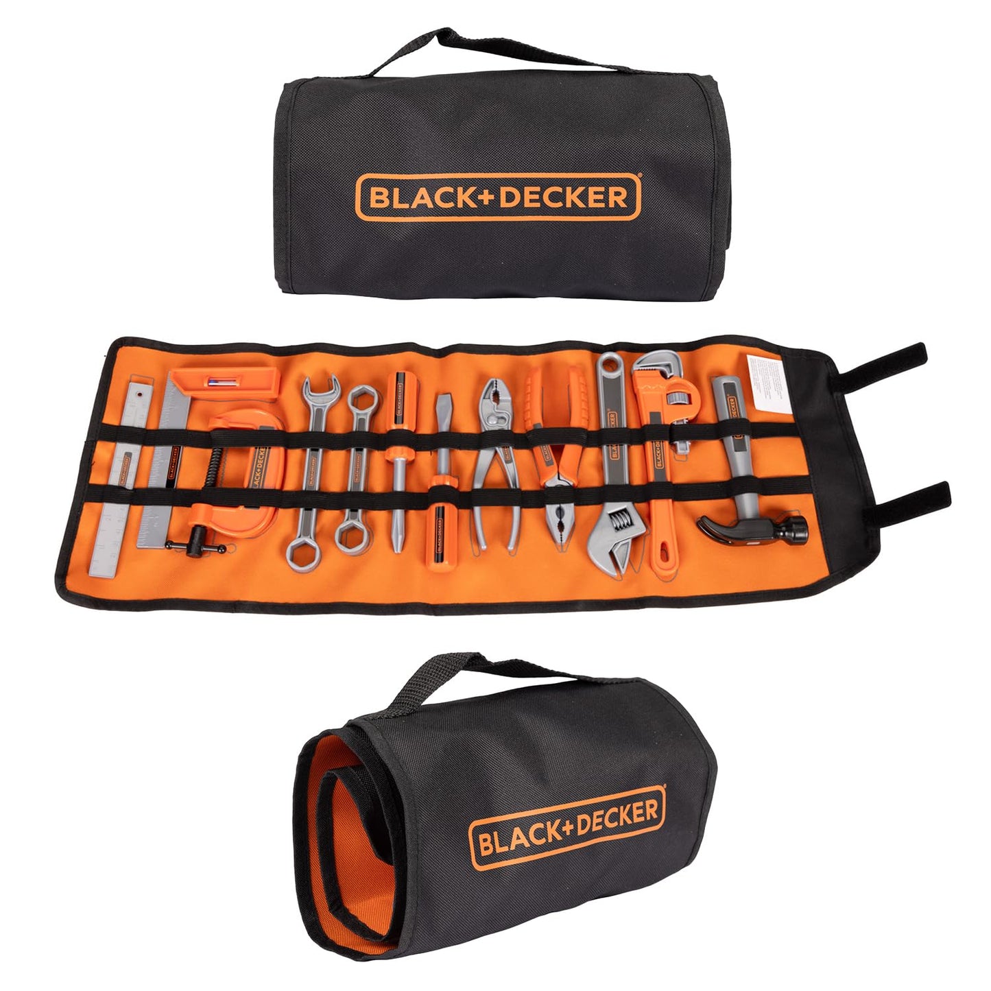 BLACK+DECKER Kids Tool Bag Set 13-Piece Junior Roll Up Bag Pretend Play Tools, Hammer, Phillips Screwdriver, Pliers, Adjustable