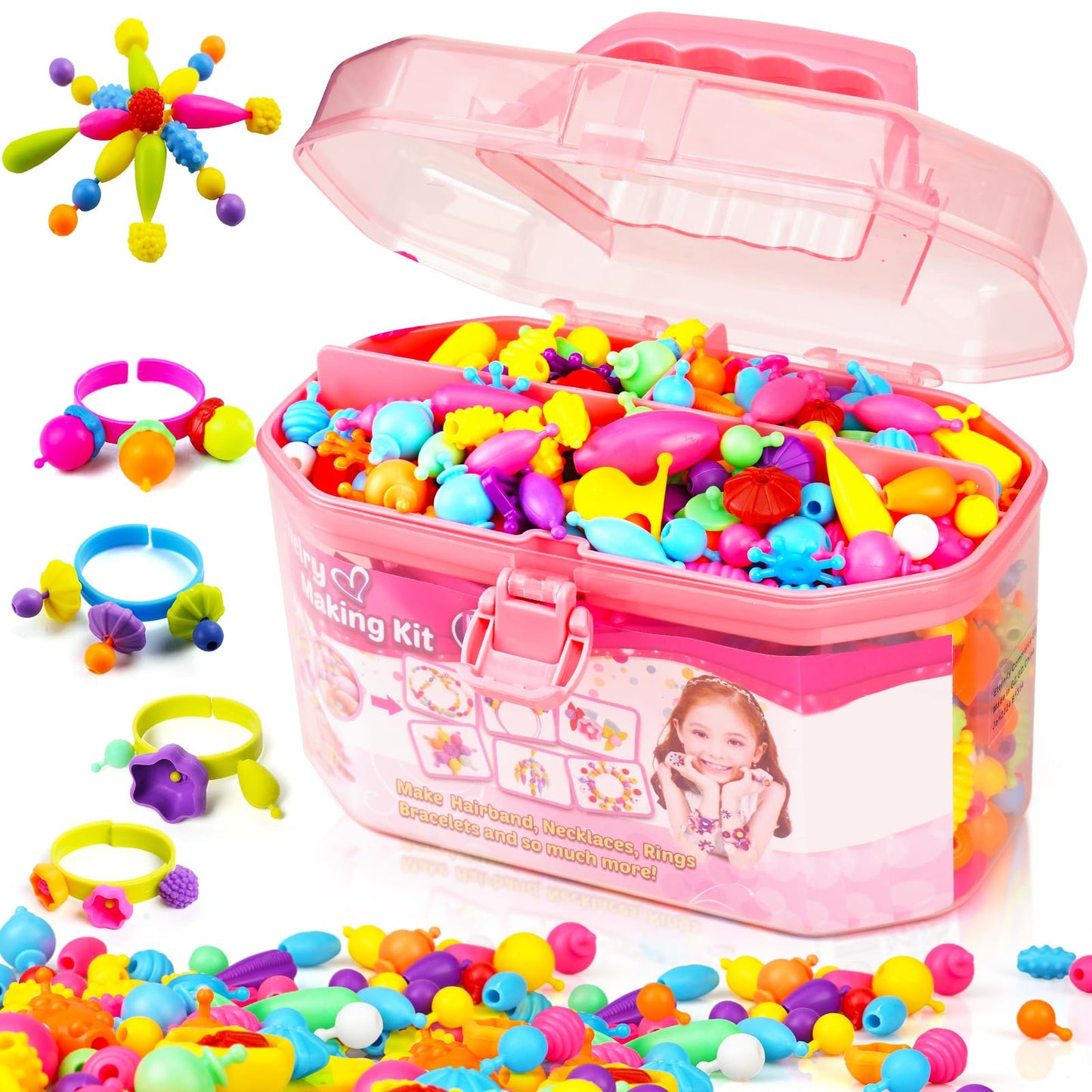 Funzbo 650Pcs Pop Beads - Jewelry Making Kit For 3 4 5 6 7 8 Year Old Little Girls, Arts And Crafts Toys For Kids, Necklace Bracelet Ring Creativity Snap Set Birthday Holiday Easter Gifts