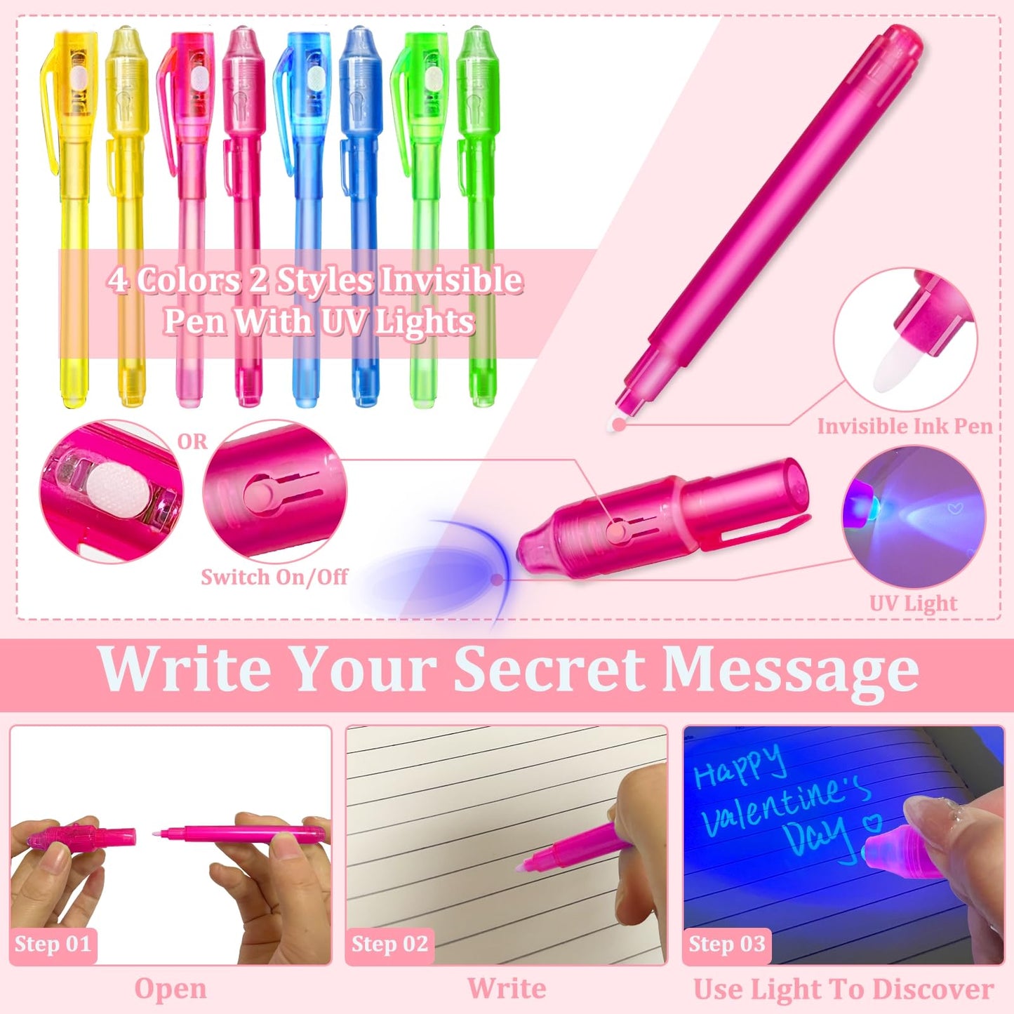 Igeekid 28 Pack Valentine'S Day Cards For Kids Invisible Ink Pen With Uv Black Light Valentine Gift School Supplies Secret Spy P