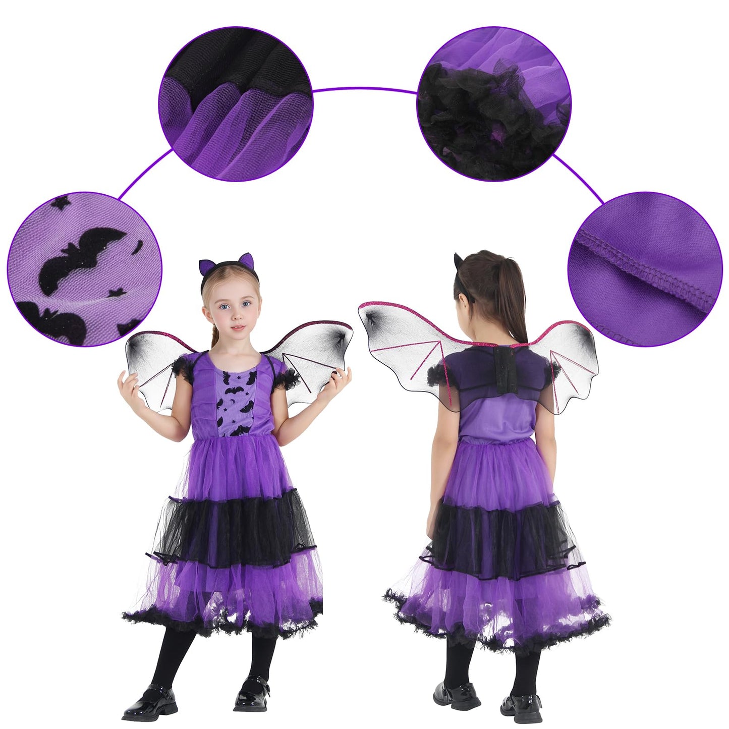 Eozy Girls Bat Vampire Costume Kids Halloween Clothes Animal Cosplay Purple Dress (7-9 Years)