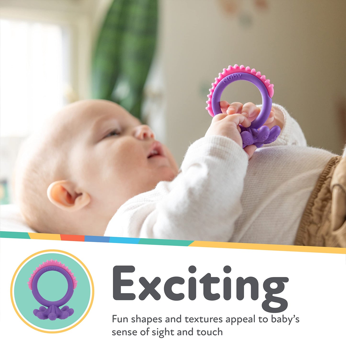 Nuby Geo Zoos Massaging Teether - Baby Teething Toy - Soft Bpa-Free Easy Grip - 3+ Months - Purple Octopus
