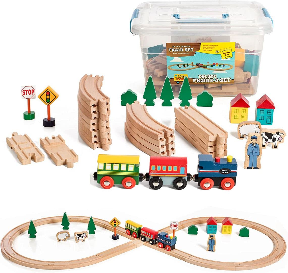 On Track Usa Wooden Train Set 35 Piece All In One Wooden Toy Train Tracks Set With Magnetic Trains And Railway Accessories, Come