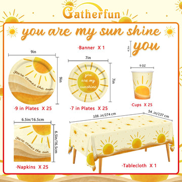 Boho Sun-Theme Birthday Party Supply Set; Complete Baby Shower Decorations With Sunshine Disposable Paper Plates, Cups, Tableclo