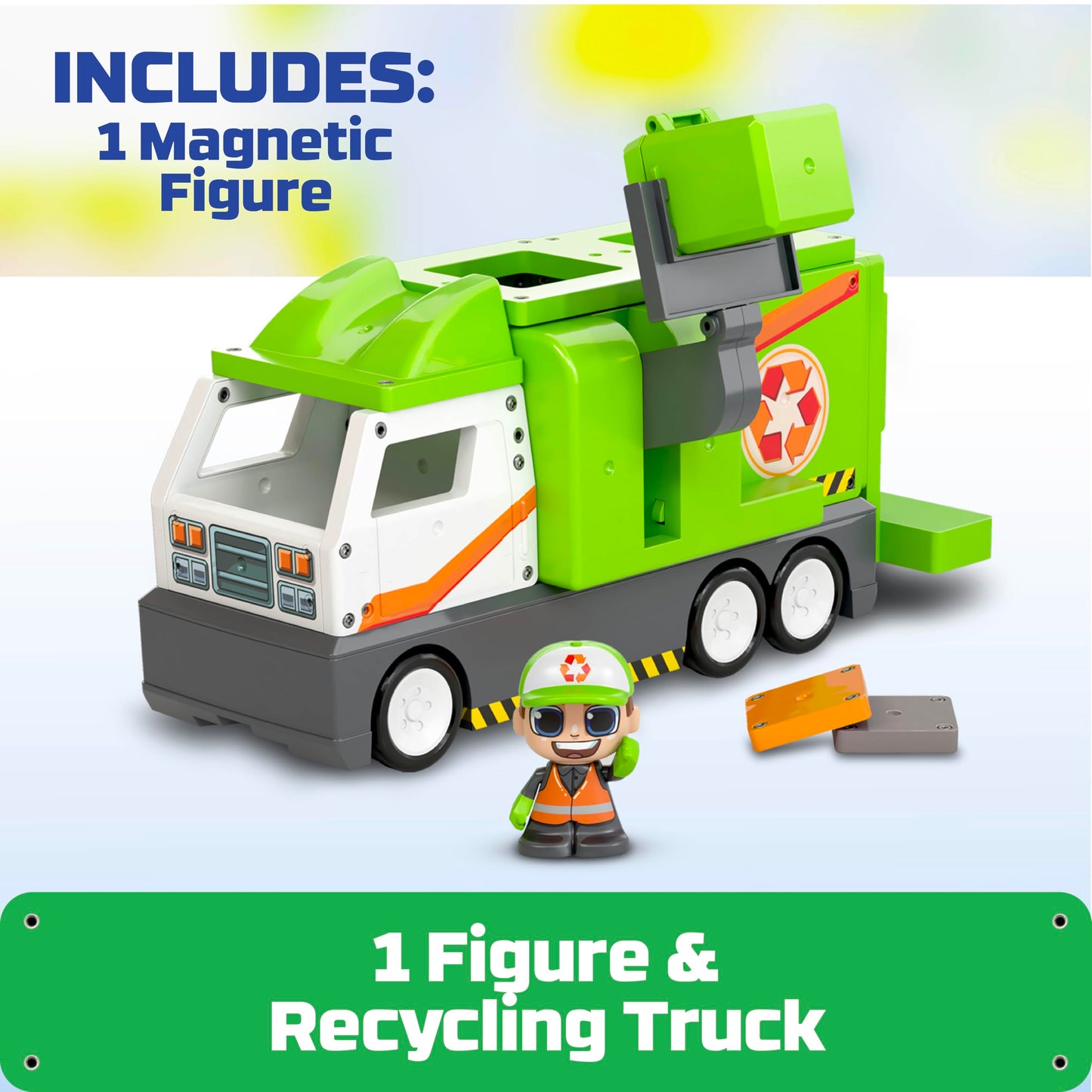 Tile Town Recycling Truck 15-Piece Magnetic Tile Playset, Interactive Stem Magnetic Tiles Toys, Includes 1 Action Figure And 2 A