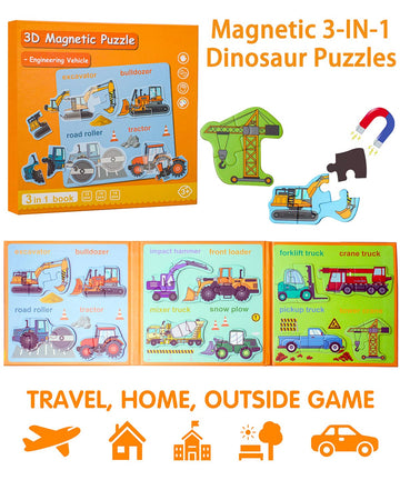 Magnetic Puzzles For Toddlers 3-5, Travel Puzzles For Kids Ages 1-3, Engineering Vehicle Wooden Jigsaw Puzzles Book For Kids 2-4