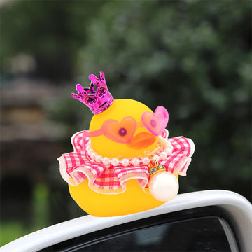 wonuu Rubber Duck Car Dashboard Decoration, Duck Car Ornament Cute Car Accessories with Mini Crown Dress Pearl Necklace Glasses,