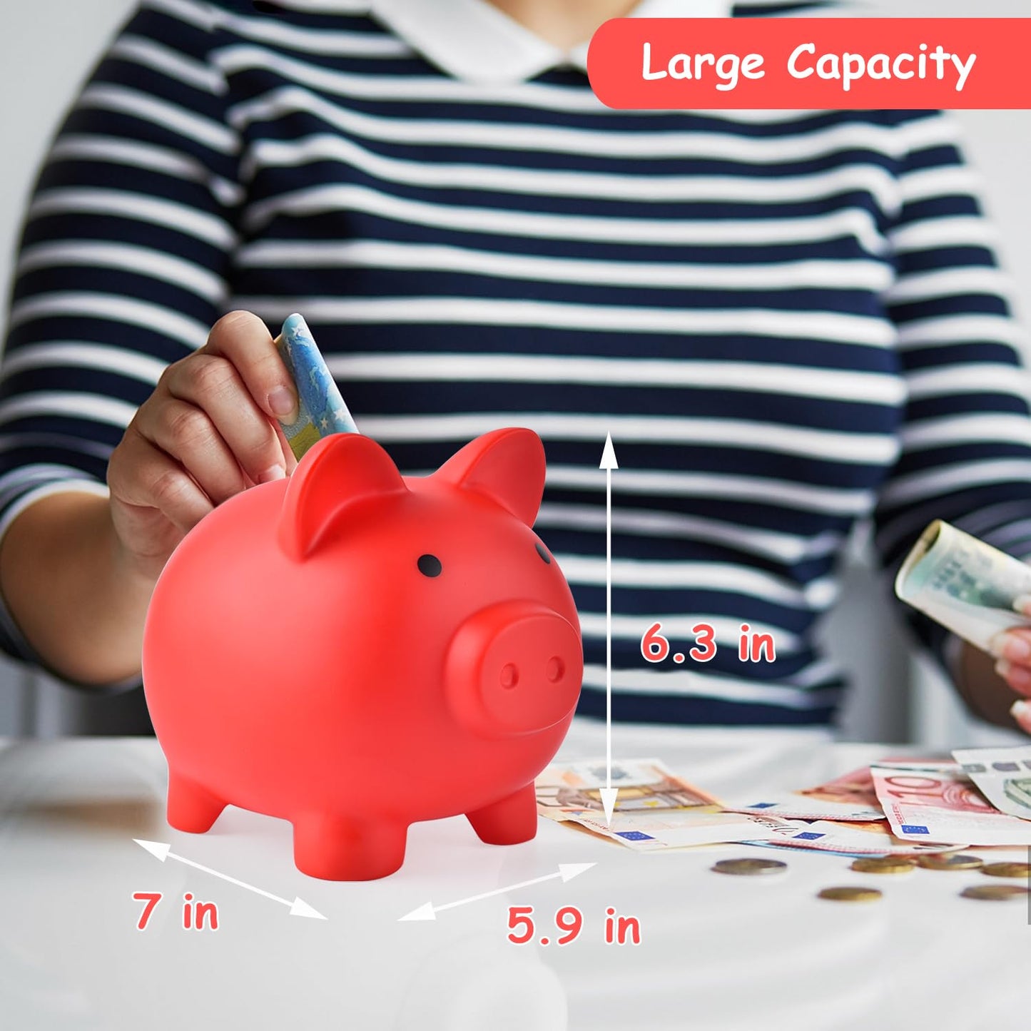 Pjdrllc Large Piggy Bank, Unbreakable Plastic Money Bank, Coin Bank For Girls And Boys, Large Size Piggy Banks, Practical Gifts For Birthday, Easter, Christmas (Red)